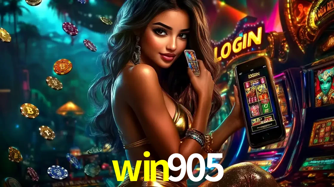 Mulher em um cenário de cassino temático de aventura, mostrando o app de caça-níqueis da win905 no celular. Fichas de apostas flutuam ao redor.