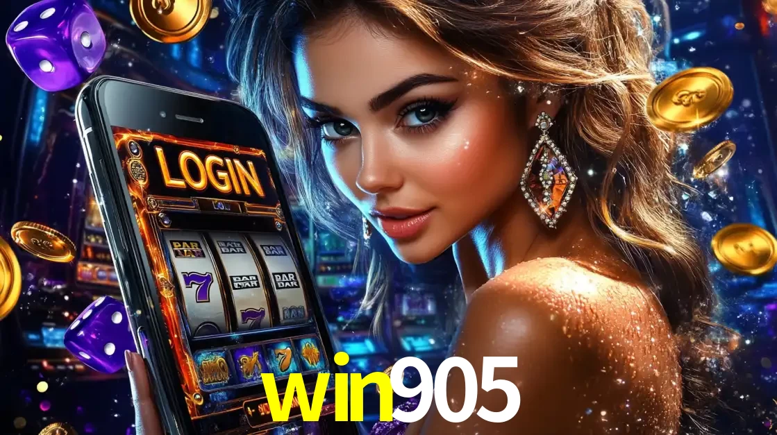 Mulher glamorosa segurando um smartphone com a tela de login para os jogos de caça-níqueis do cassino online win905, com moedas de ouro e dados ao redor.