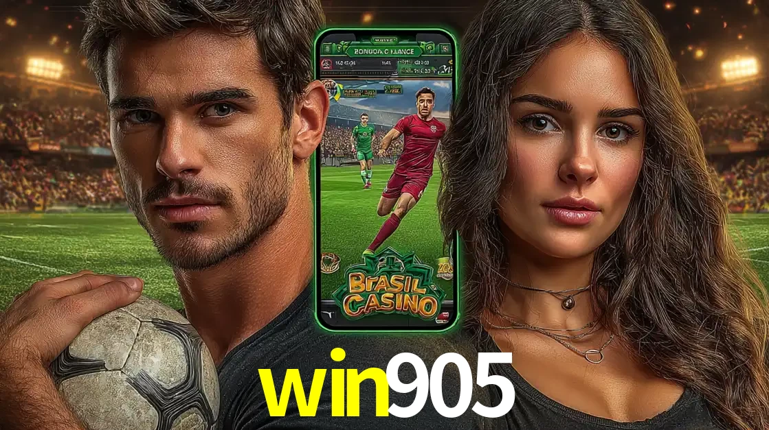 Homem segurando uma bola de futebol e uma mulher ao lado de um smartphone exibindo o jogo de apostas esportivas da win905. Faça seu palpite no cassino online.